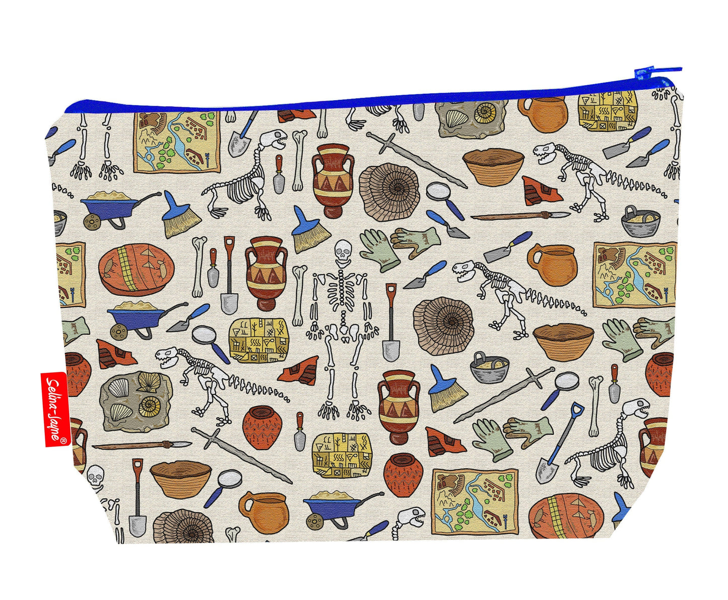 Archaeologist toiletry bag featuring archaeology-themed design by Selina-Jayne Designs