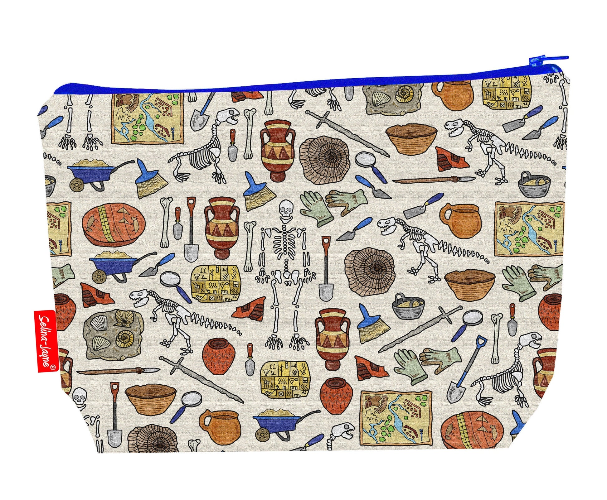 Archaeologist toiletry bag featuring archaeology-themed design by Selina-Jayne Designs