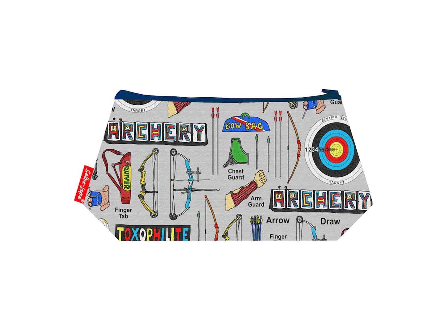 Archery cosmetic bag with vibrant bow and arrow design by Selina-Jayne Designs