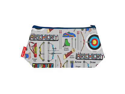 Archery cosmetic bag with vibrant bow and arrow design by Selina-Jayne Designs