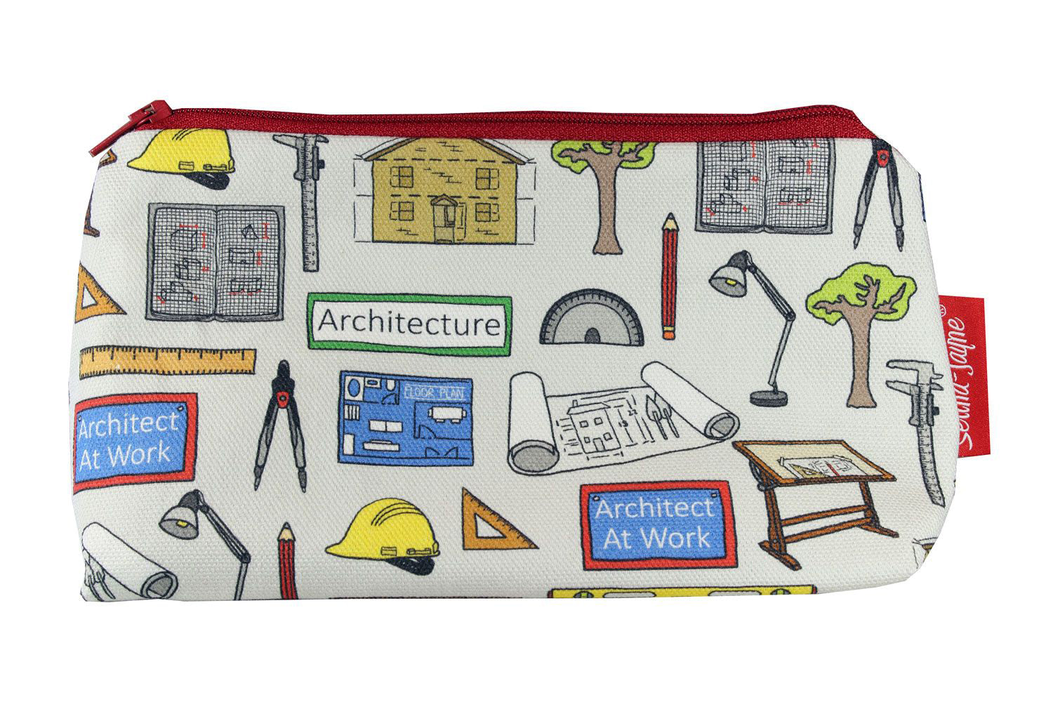 Architecture-themed makeup bag showing wipe-clean lining and close weave polyester construction
