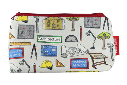 Architecture-themed makeup bag showing wipe-clean lining and close weave polyester construction
