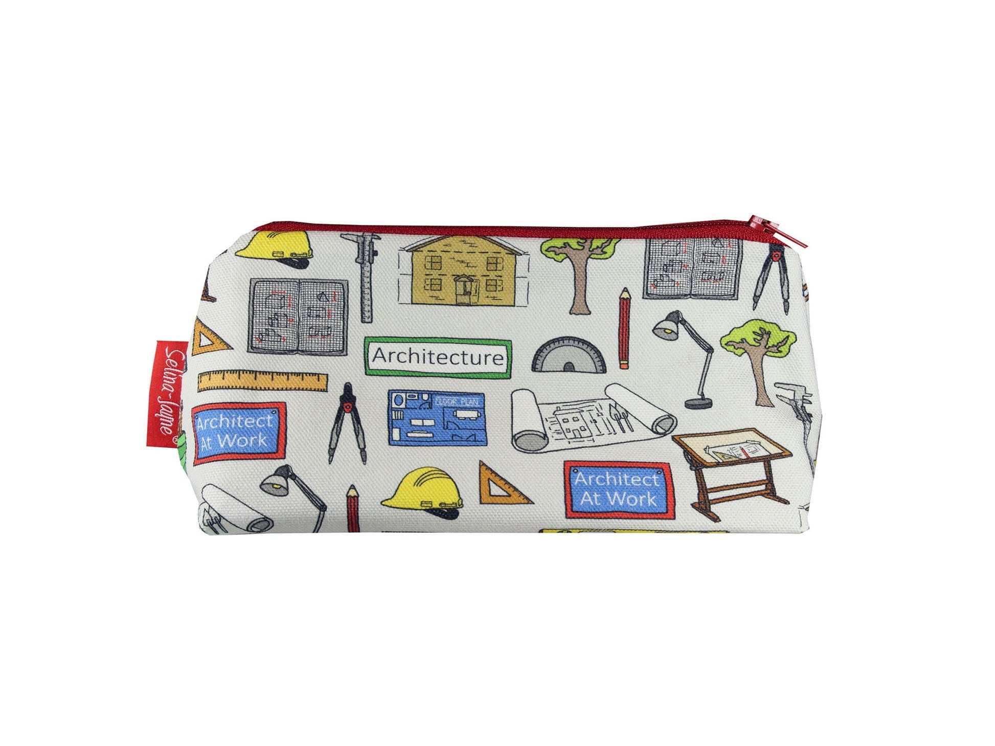 Architect cosmetic bag with vibrant architecture design featuring blueprints and design tools by Selina-Jayne
