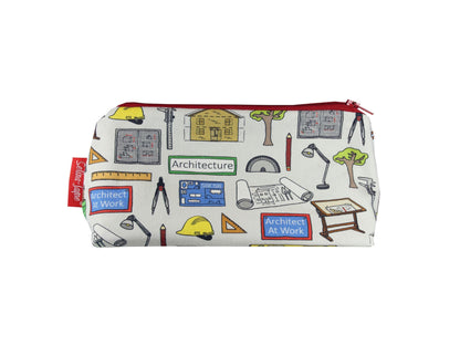 Architect cosmetic bag with vibrant architecture design featuring blueprints and design tools by Selina-Jayne
