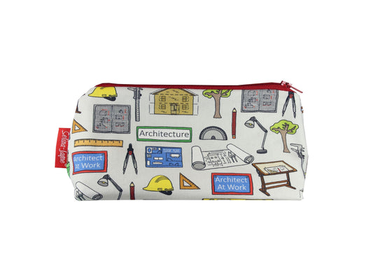 Architect cosmetic bag with vibrant architecture design featuring blueprints and design tools by Selina-Jayne
