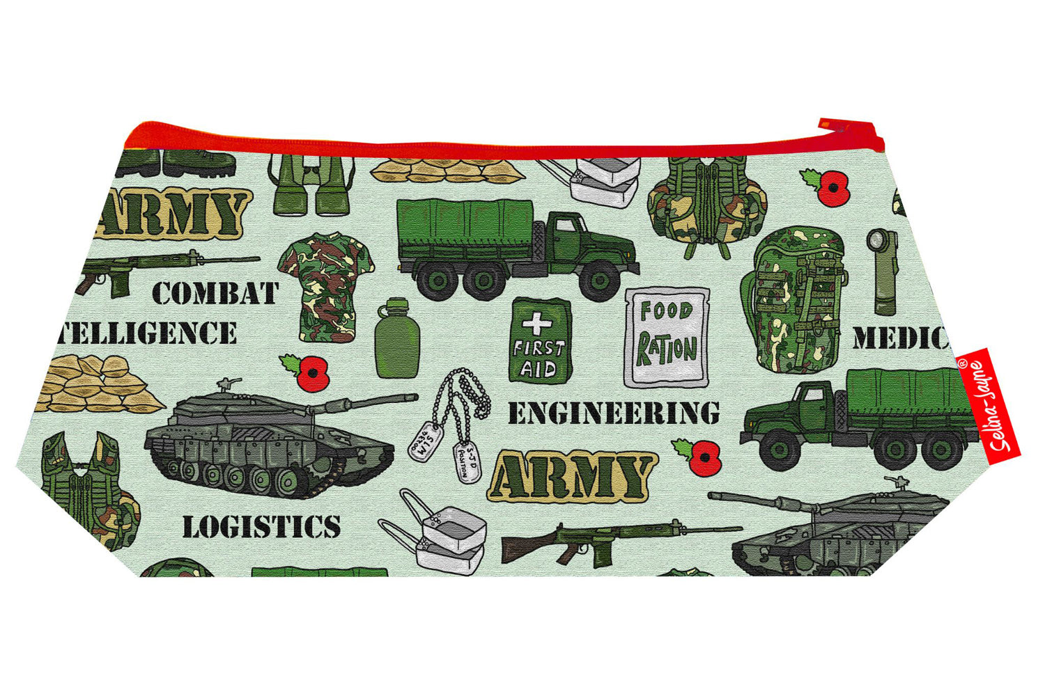 Military-themed makeup bag showing wipe-clean lining and durable close weave polyester construction