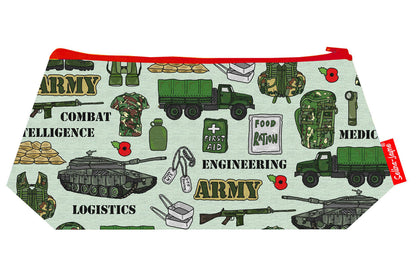 Military-themed makeup bag showing wipe-clean lining and durable close weave polyester construction