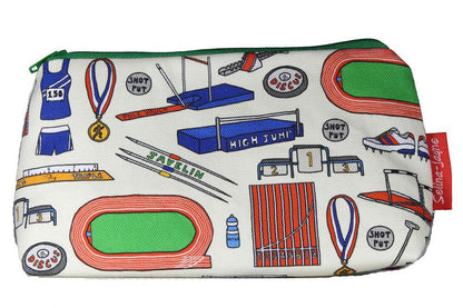 Track and field themed makeup bag showing wipe-clean lining and durable close weave polyester construction