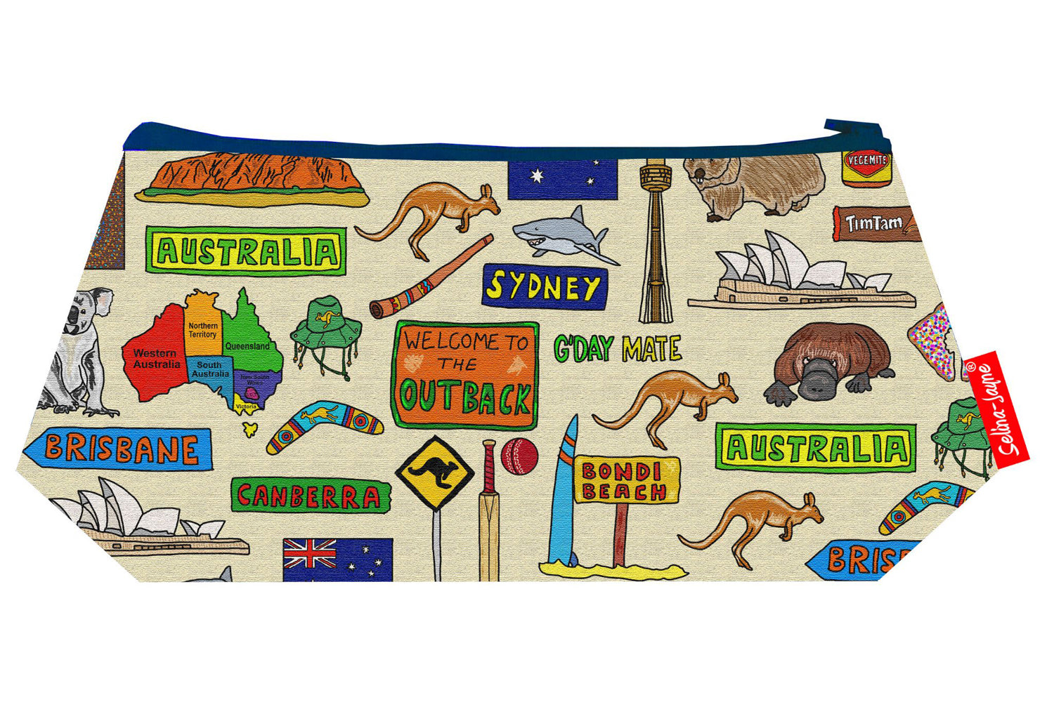 Australian-themed makeup bag showing wipe-clean lining and durable close weave polyester construction