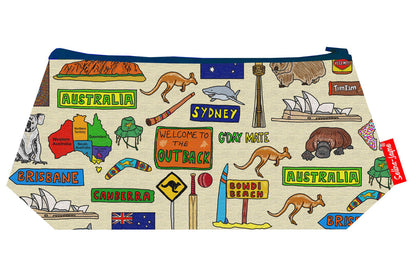Australian-themed makeup bag showing wipe-clean lining and durable close weave polyester construction