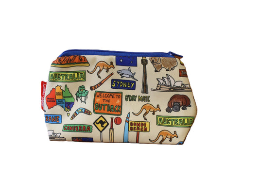 Australia cosmetic bag with vibrant Australian outback design featuring iconic imagery by Selina-Jayne