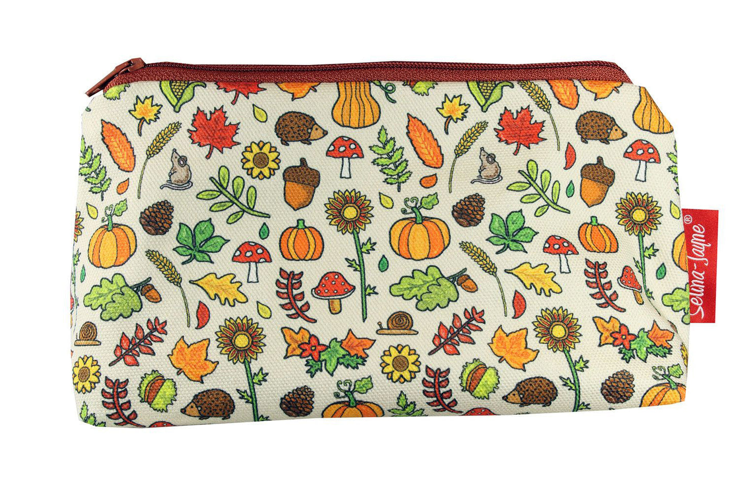 Fall-themed makeup bag with enchanting autumn meadow print showing wipe-clean lining and durable polyester