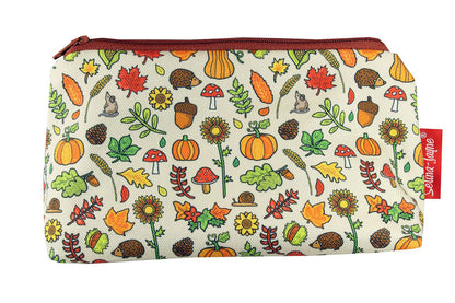 Fall-themed makeup bag with enchanting autumn meadow print showing wipe-clean lining and durable polyester