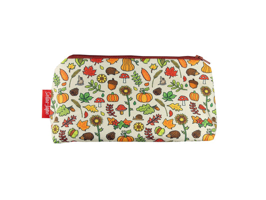 Autumn Meadow cosmetic bag with vibrant fall design featuring toadstools and pumpkins by Selina-Jayne