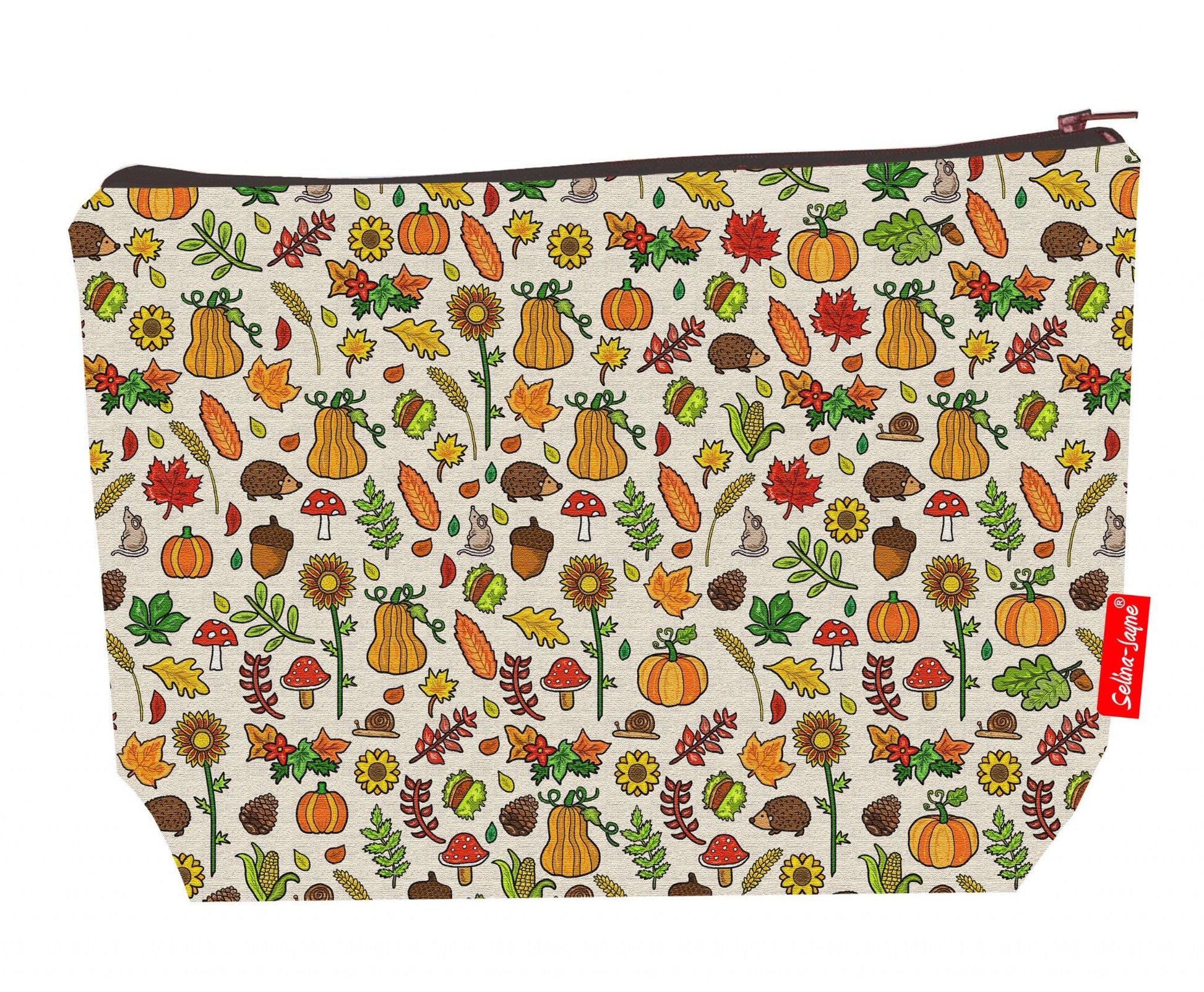 Premium seasonal wash bag with vibrant autumn meadows HD print and washable lining