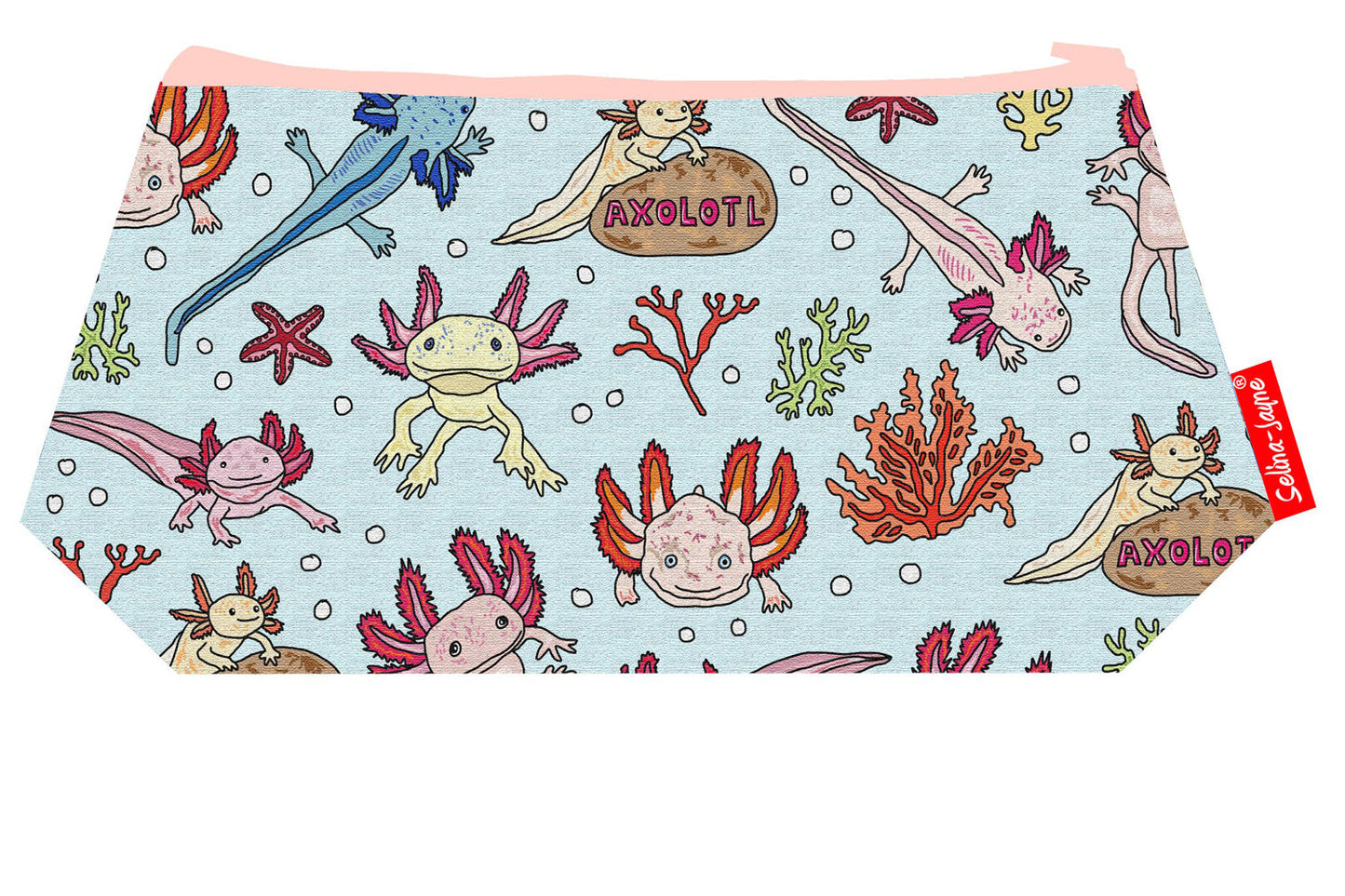 Axolotl-themed makeup bag showing wipe-clean lining and durable close weave polyester construction