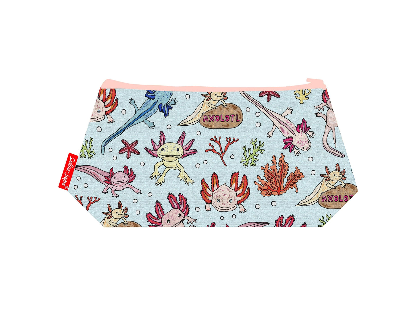Axolotl cosmetic bag with vibrant salamander design featuring cute axolotls in charming detail by Selina-Jayne