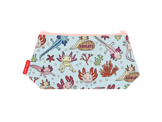 Axolotl cosmetic bag with vibrant salamander design featuring cute axolotls in charming detail by Selina-Jayne
