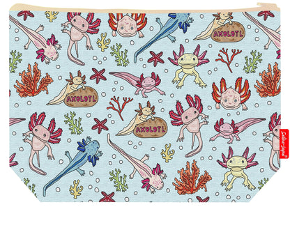 Premium animal lover wash bag with vibrant axolotl HD print and washable lining