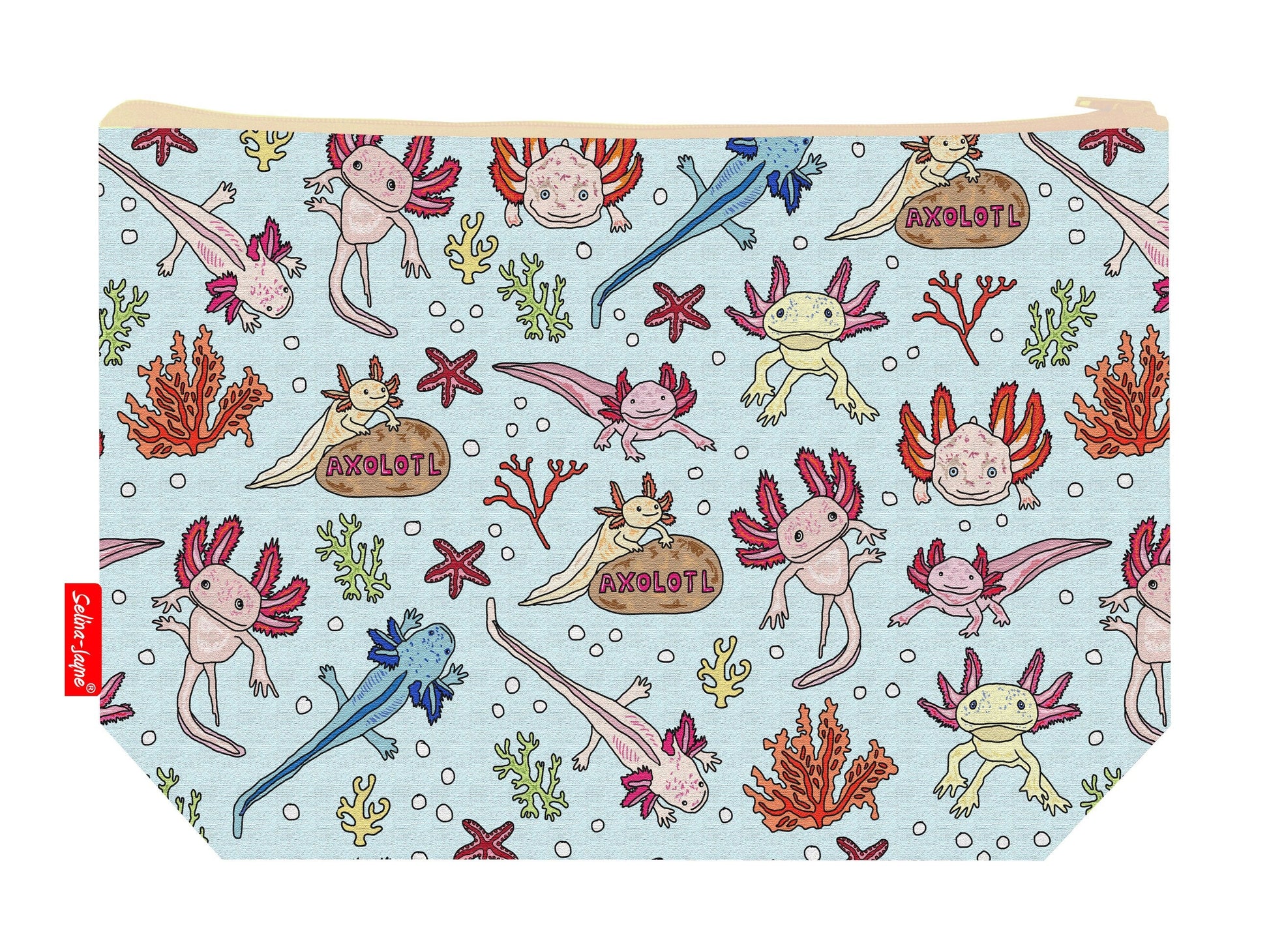 Axolotl toiletry bag featuring axolotl-themed design by Selina-Jayne Designs
