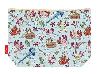 Axolotl toiletry bag featuring axolotl-themed design by Selina-Jayne Designs