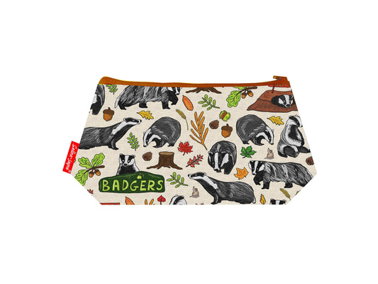Badgers cosmetic bag with vibrant wildlife design featuring British badgers in natural habitat by Selina-Jayne
