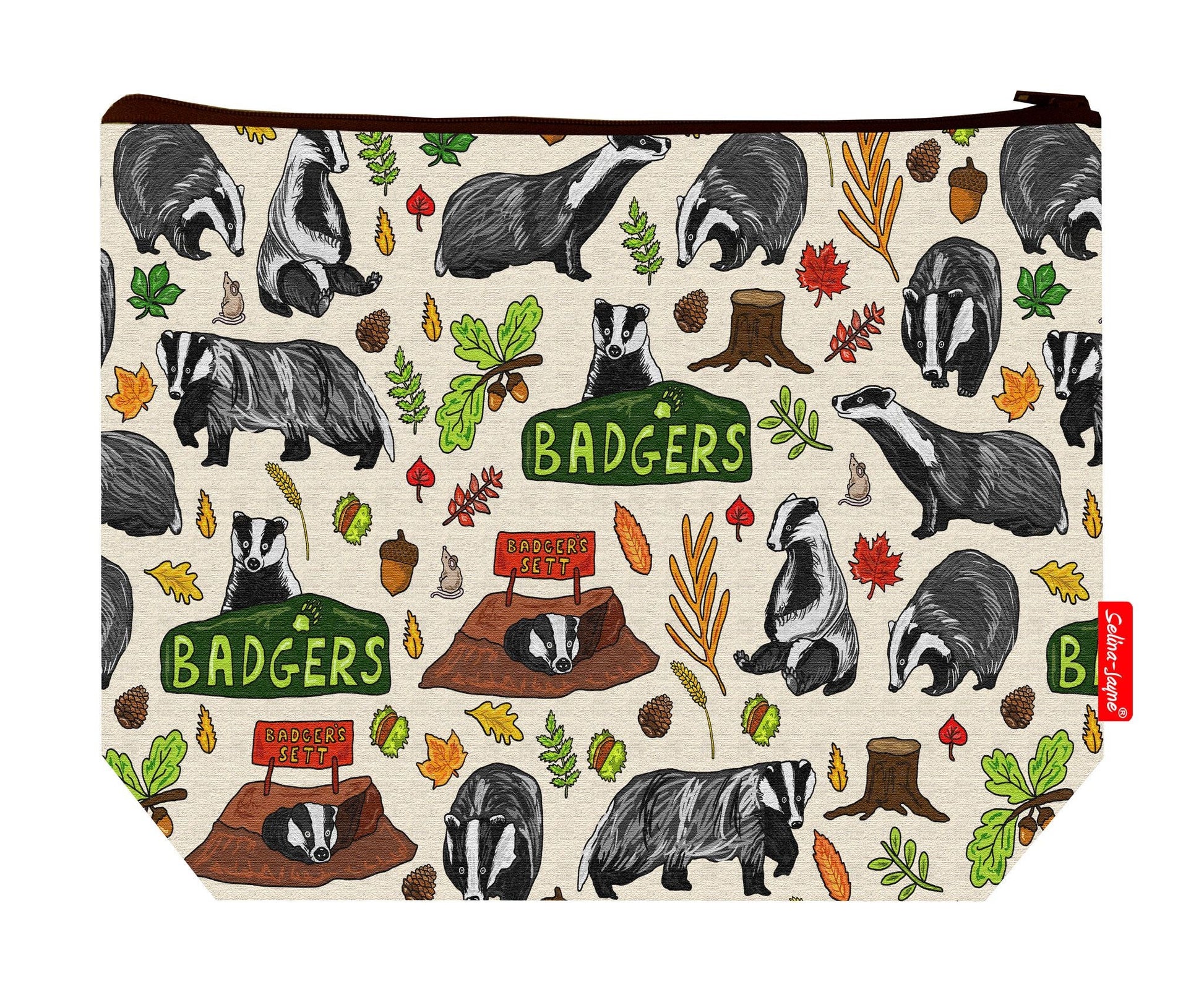 Premium wildlife lover wash bag with vibrant badger HD print and washable lining