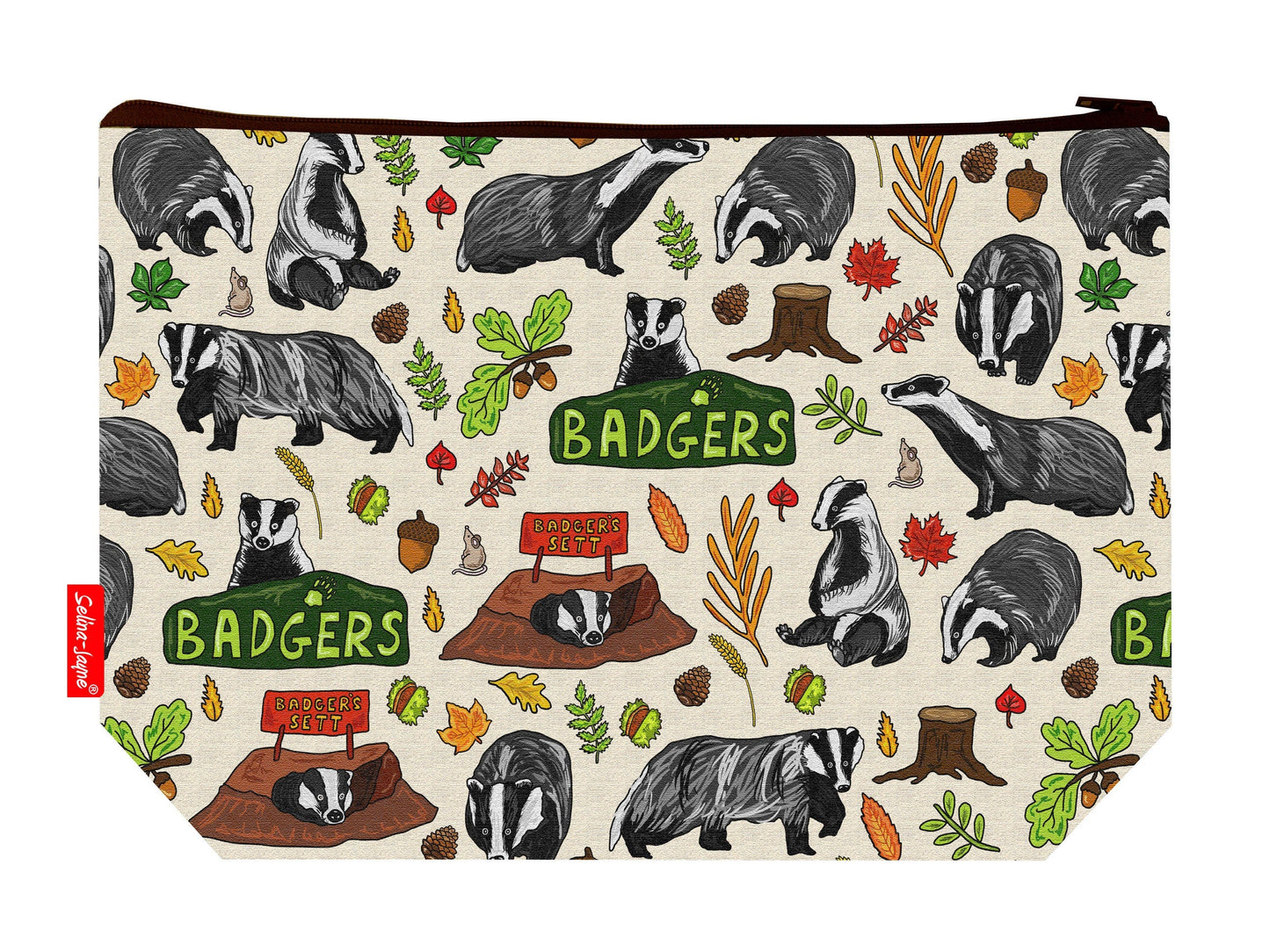 Badgers toiletry bag featuring badger-themed design by Selina-Jayne Designs