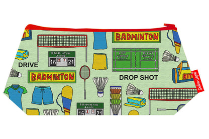 Badminton-themed makeup bag showing wipe-clean lining and durable close weave polyester construction
