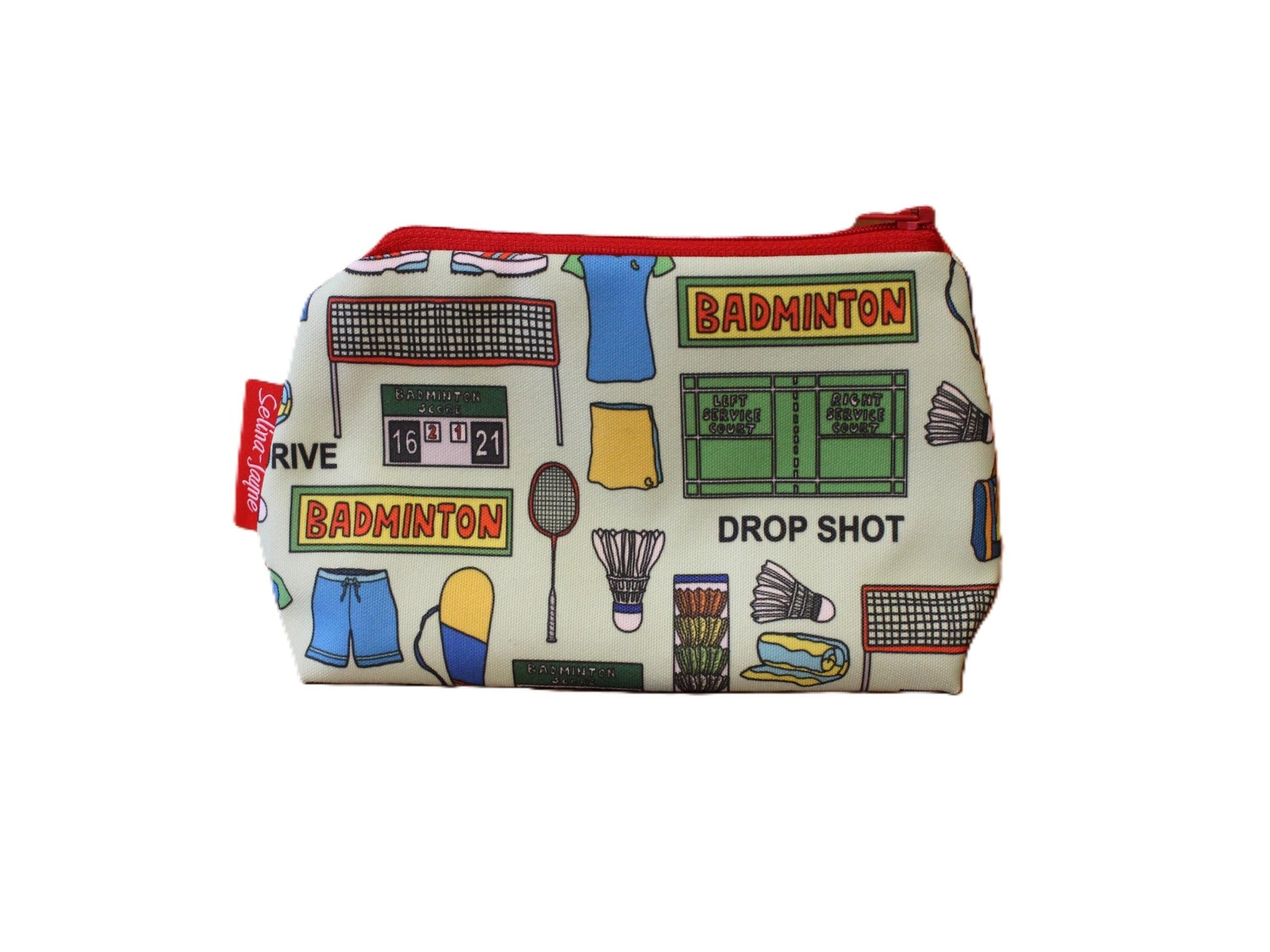 Badminton cosmetic bag with vibrant sport design featuring rackets and shuttlecocks by Selina-Jayne
