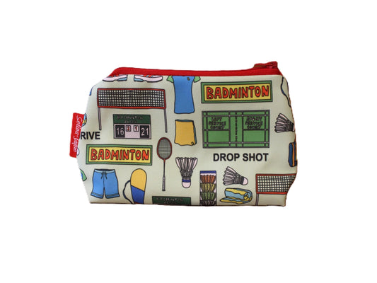 Badminton cosmetic bag with vibrant sport design featuring rackets and shuttlecocks by Selina-Jayne
