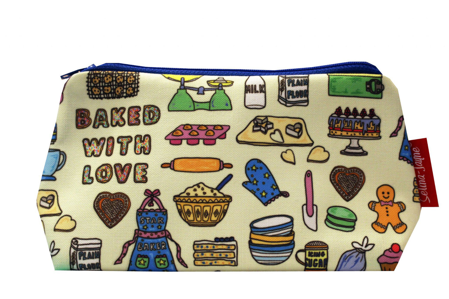 Baker-themed makeup bag showing wipe-clean lining and durable close weave polyester construction
