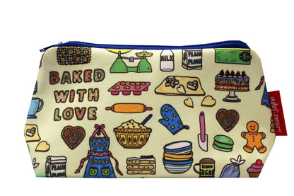 Baker-themed makeup bag showing wipe-clean lining and durable close weave polyester construction
