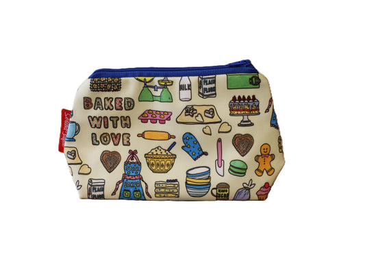 Baking cosmetic bag with vibrant baker design featuring baking tools and sweet treats by Selina-Jayne
