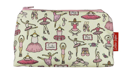 Ballet-themed makeup bag showing wipe-clean lining and durable close weave polyester construction
