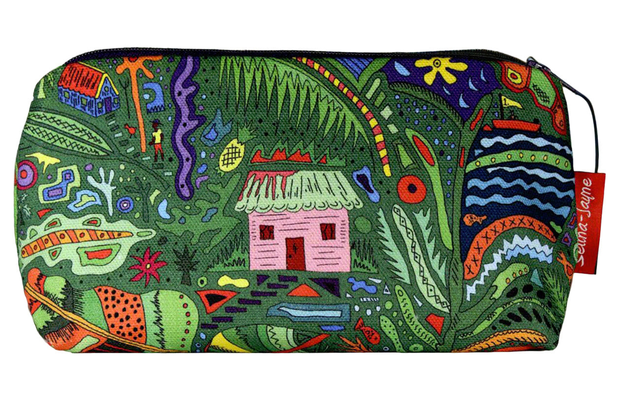 Caribbean-themed makeup bag showing wipe-clean lining and durable close weave polyester construction
