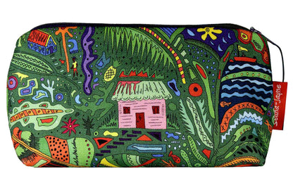 Caribbean-themed makeup bag showing wipe-clean lining and durable close weave polyester construction

