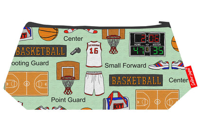 Basketball-themed makeup bag showing wipe-clean lining and durable close weave polyester construction