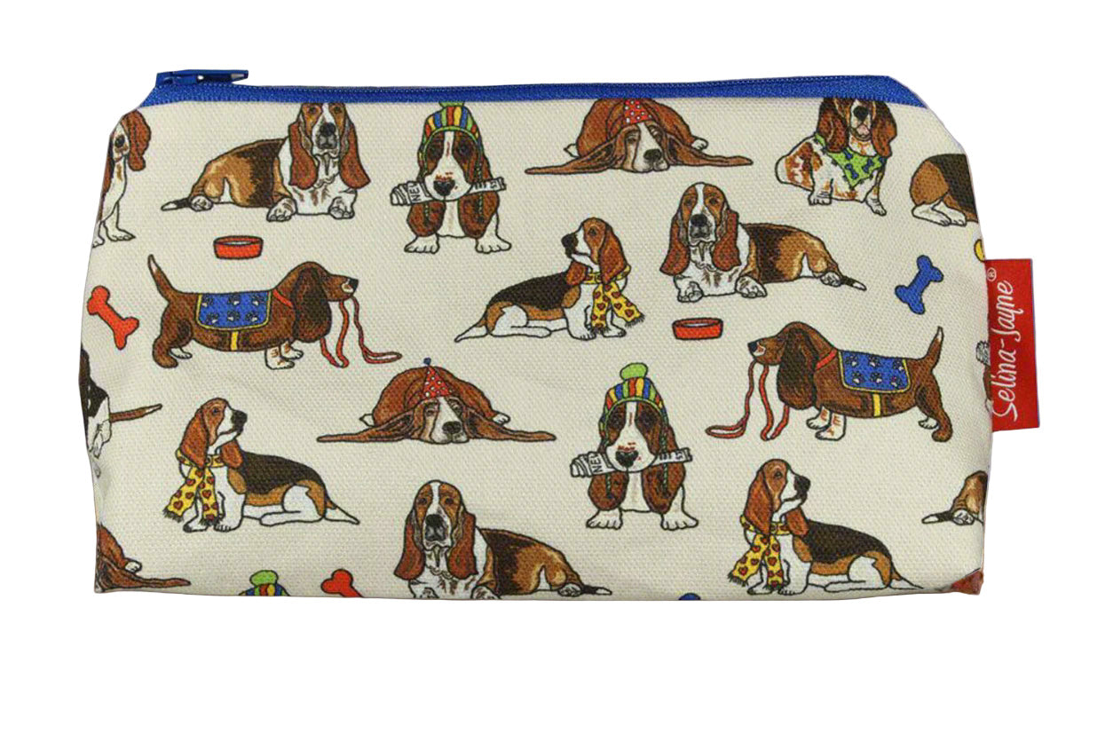 Basset Hound-themed makeup bag showing wipe-clean lining and durable close weave polyester construction