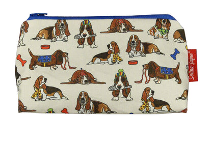 Basset Hound-themed makeup bag showing wipe-clean lining and durable close weave polyester construction