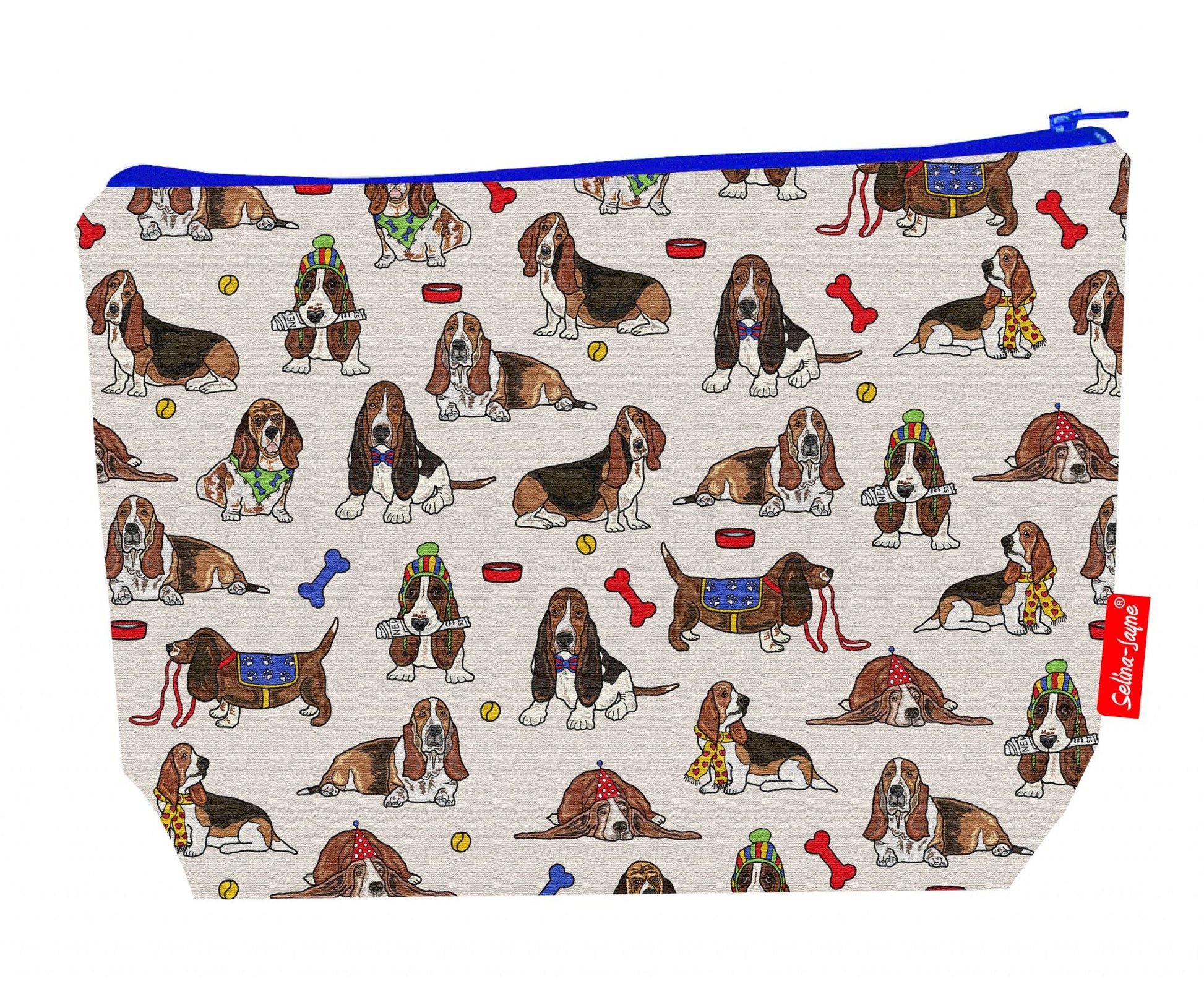 Premium dog lover wash bag with vibrant Basset Hound HD print and washable lining