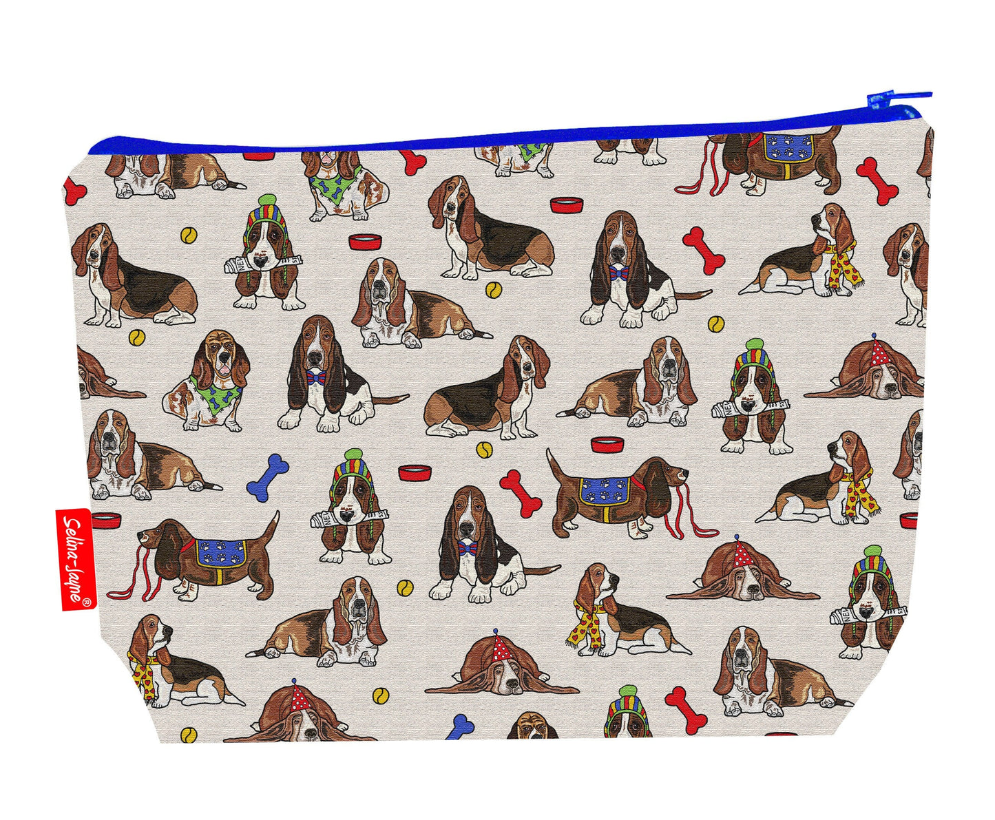 Basset Hound Dogs toiletry bag featuring Basset Hound-themed design by Selina-Jayne Designs