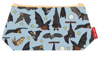 Bat-themed makeup bag showing wipe-clean lining and durable close weave polyester construction