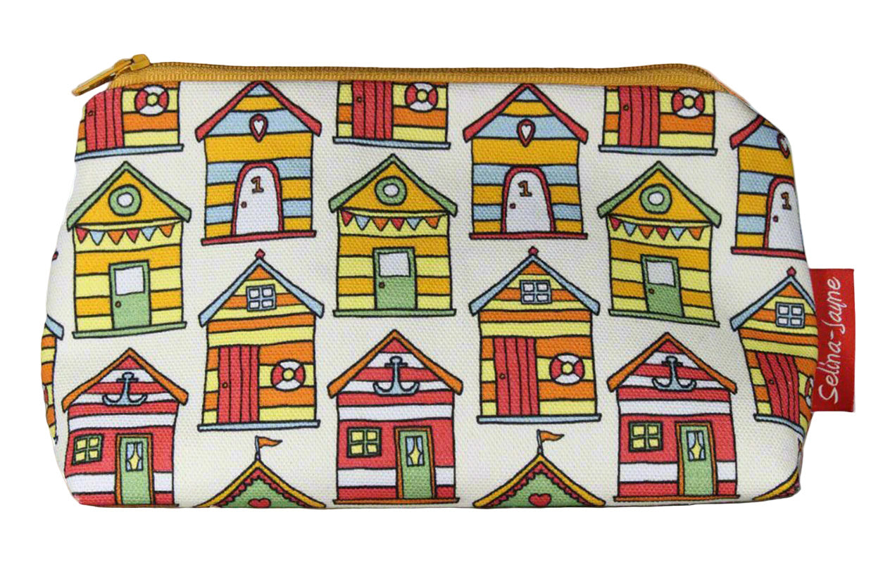 Colorful beach huts cosmetic bag featuring British seaside design, premium polyester makeup bag with wipe-clean lining