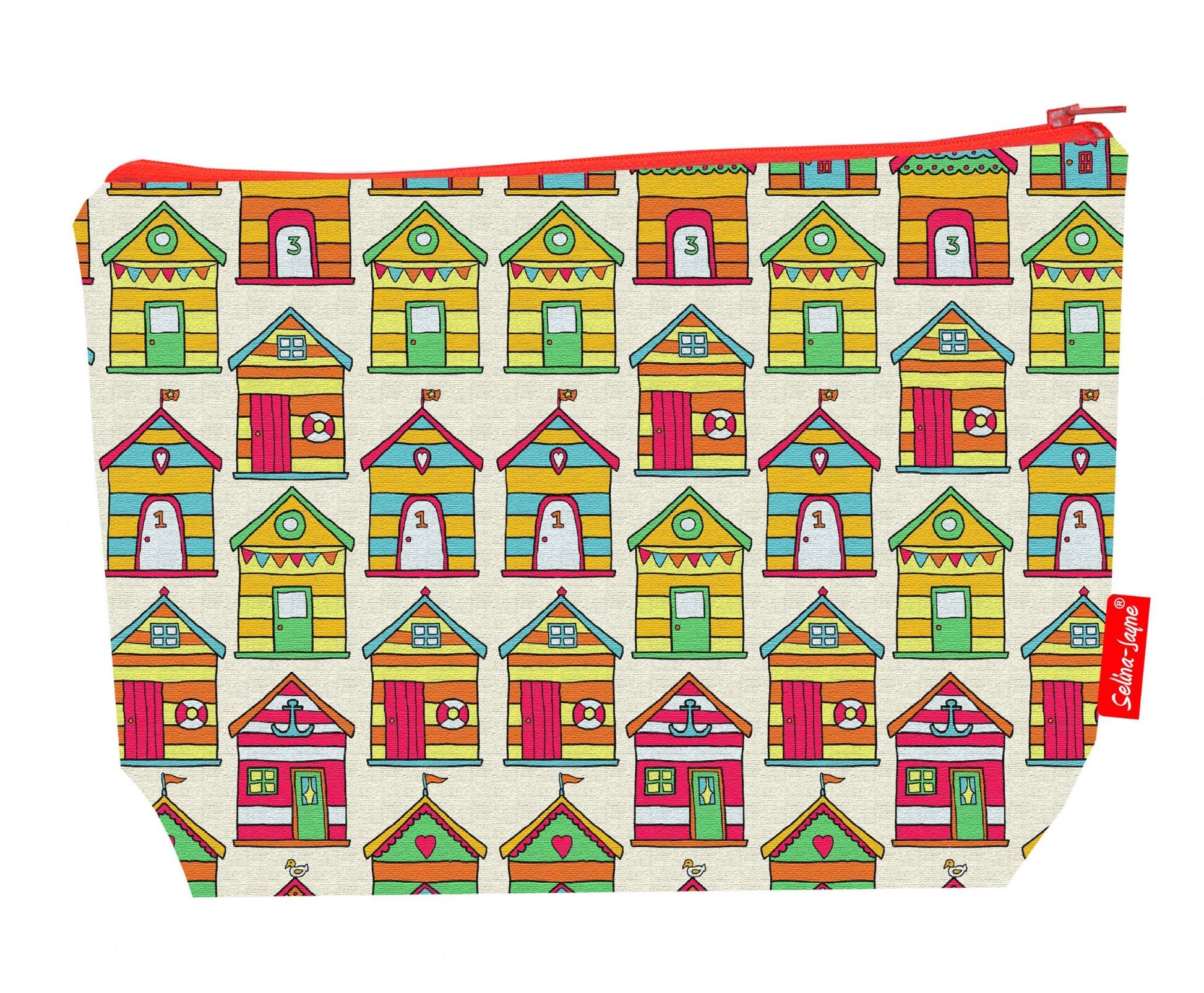 Premium seaside lover wash bag with vibrant beach huts HD print and washable lining