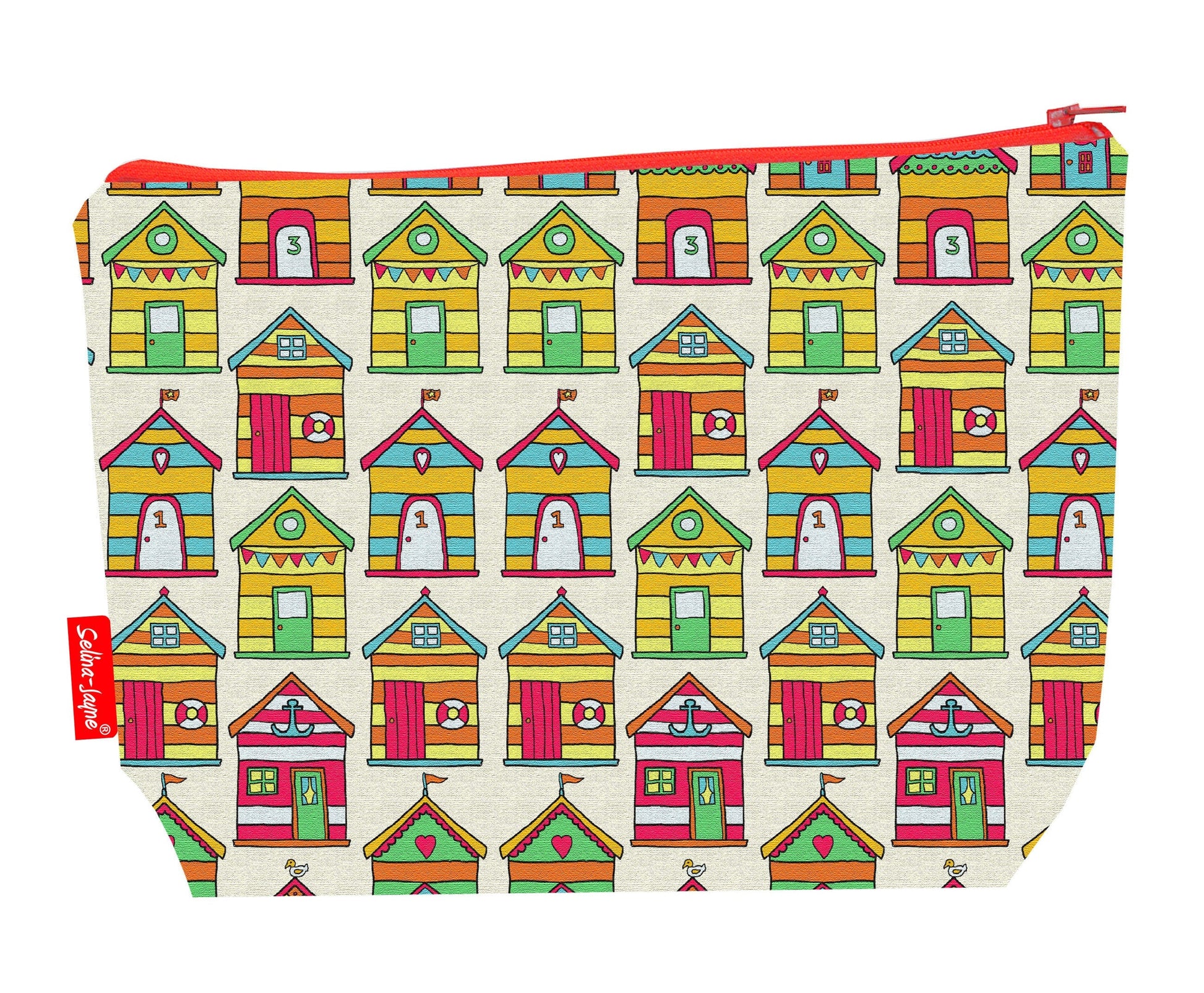 Beach Huts toiletry bag featuring beach huts-themed design by Selina-Jayne Designs