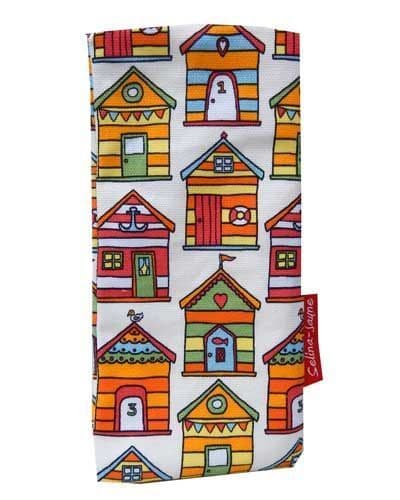 Premium beach hut soft glasses case — vibrant seaside print, colour-coordinated fastener by Selina-Jayne