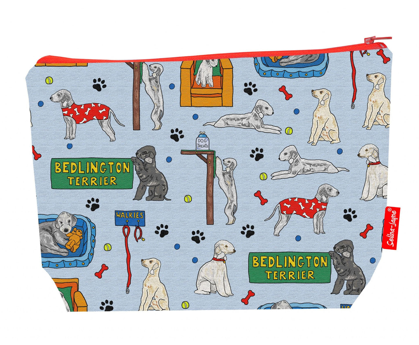 Premium dog lover wash bag with vibrant Bedlington Terrier HD print and washable lining