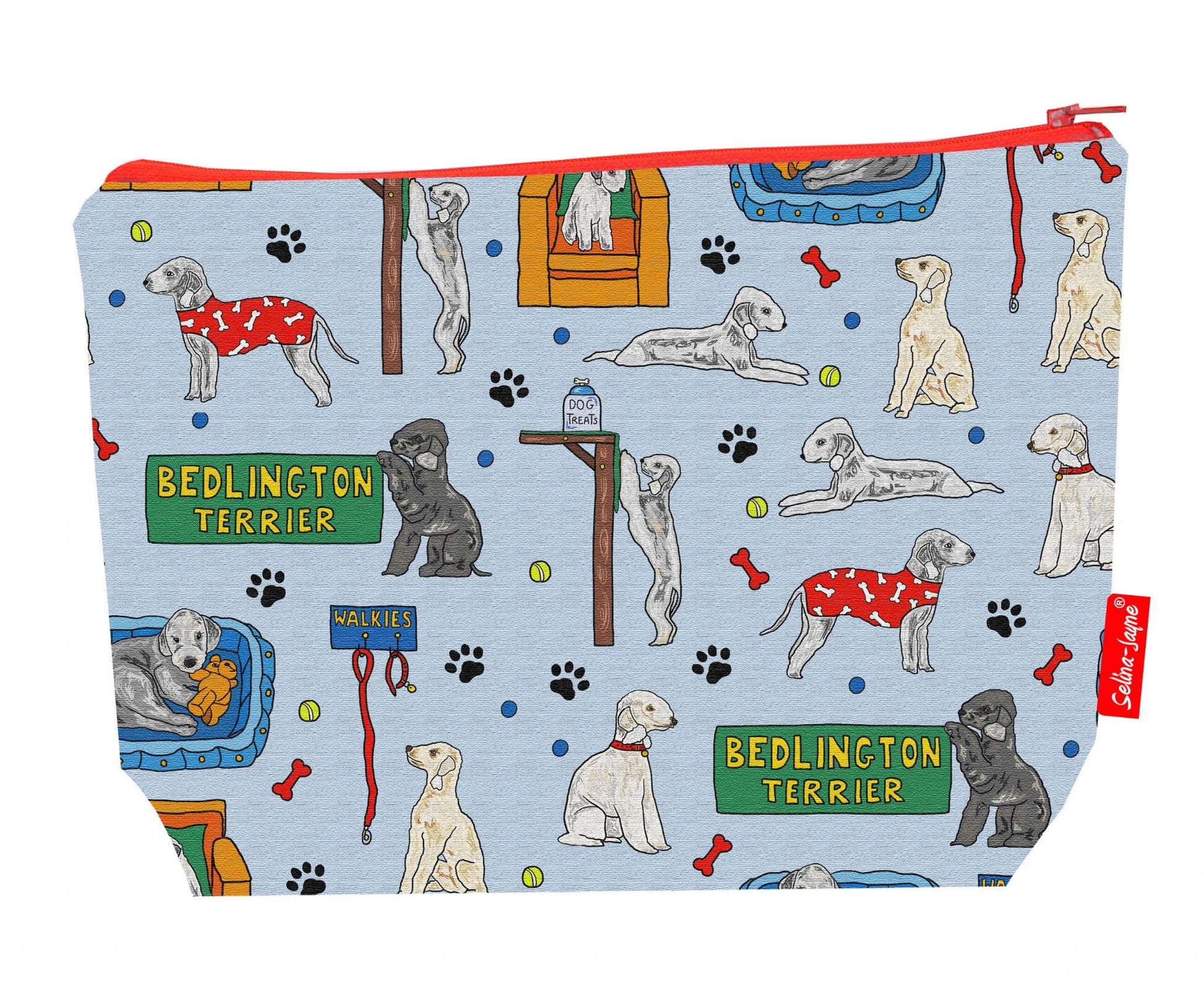Premium dog lover wash bag with vibrant Bedlington Terrier HD print and washable lining