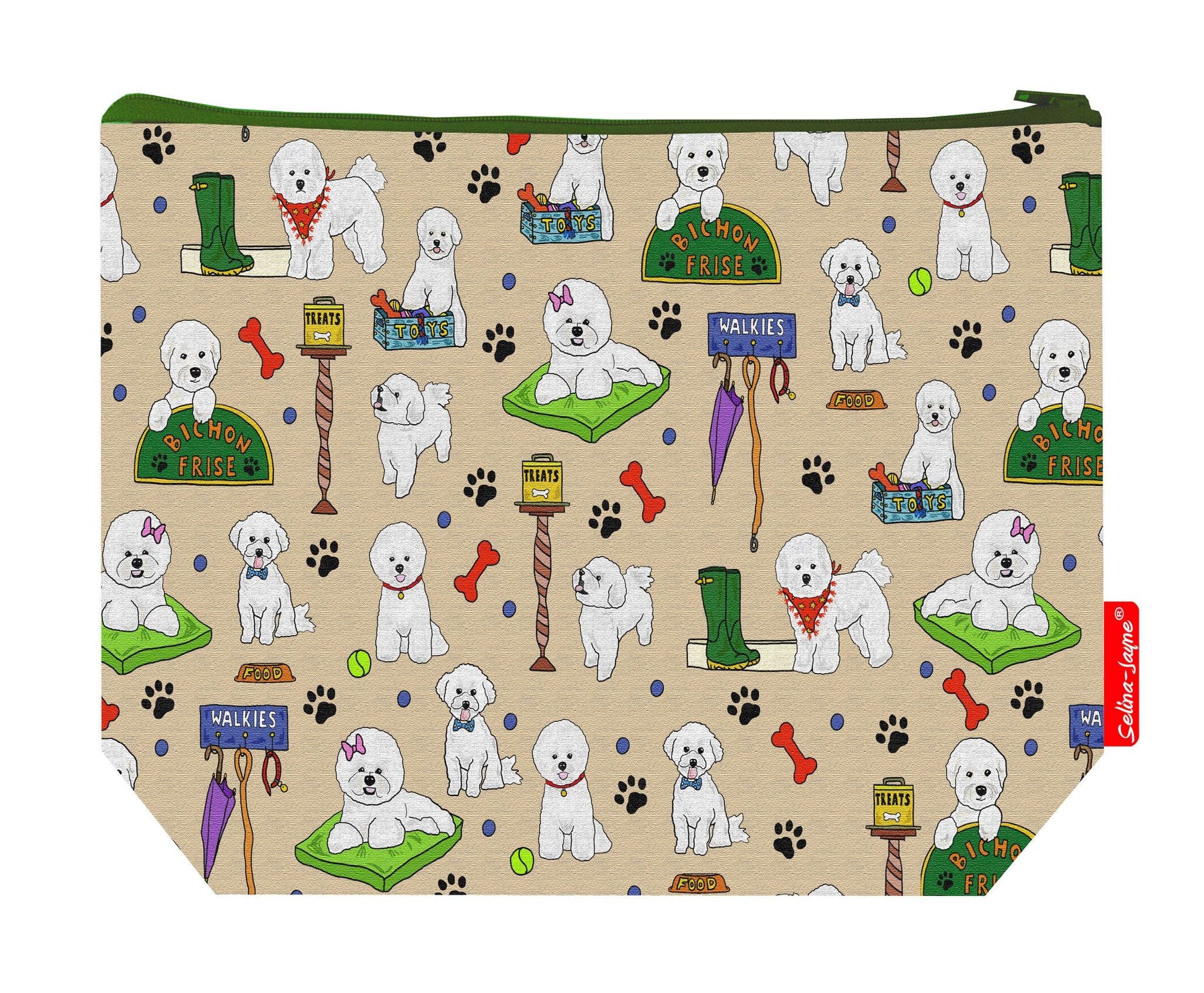 Premium dog lover wash bag with vibrant Bichon Frise HD print and washable lining